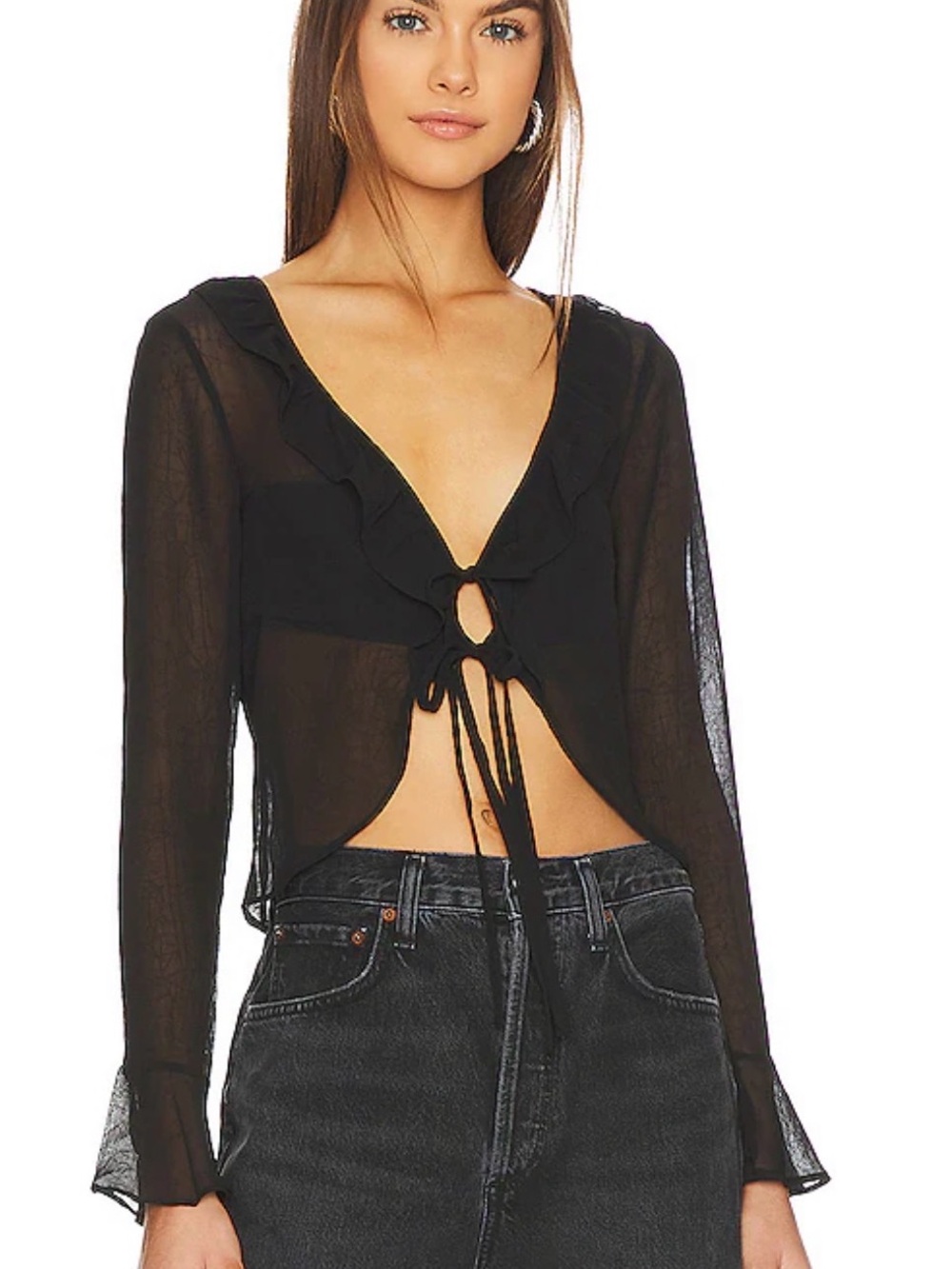 Sheer Black Tie-Front Ruffle Blouse - Women